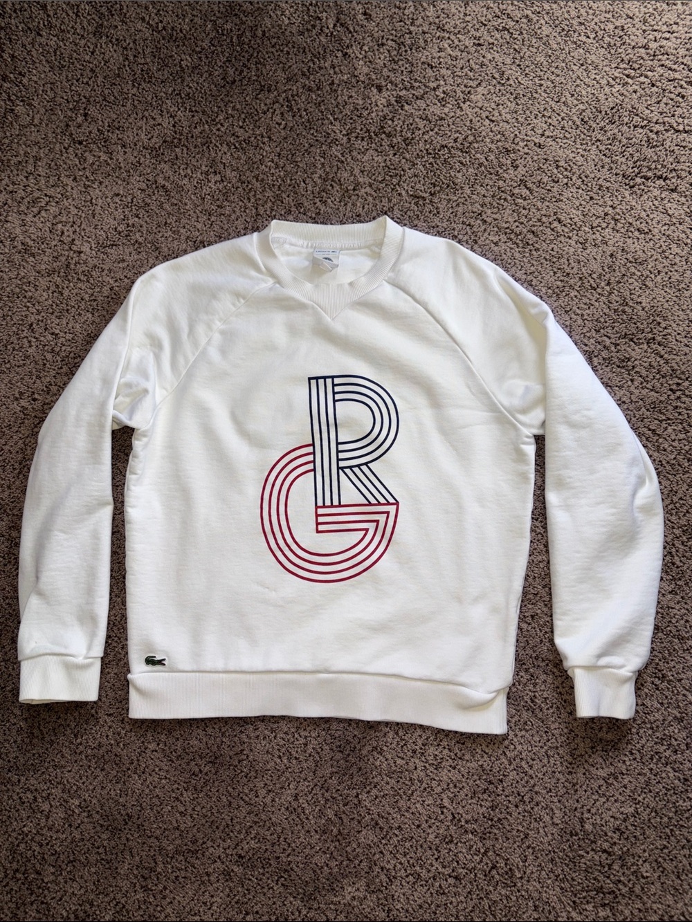 Lacoste Roland Garros White Crewneck Sweatshirt with Blue and Red Graphic Logo